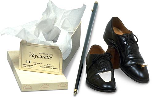Gentleman's Voyeurette: mirror toed shoes with brush tipped cane